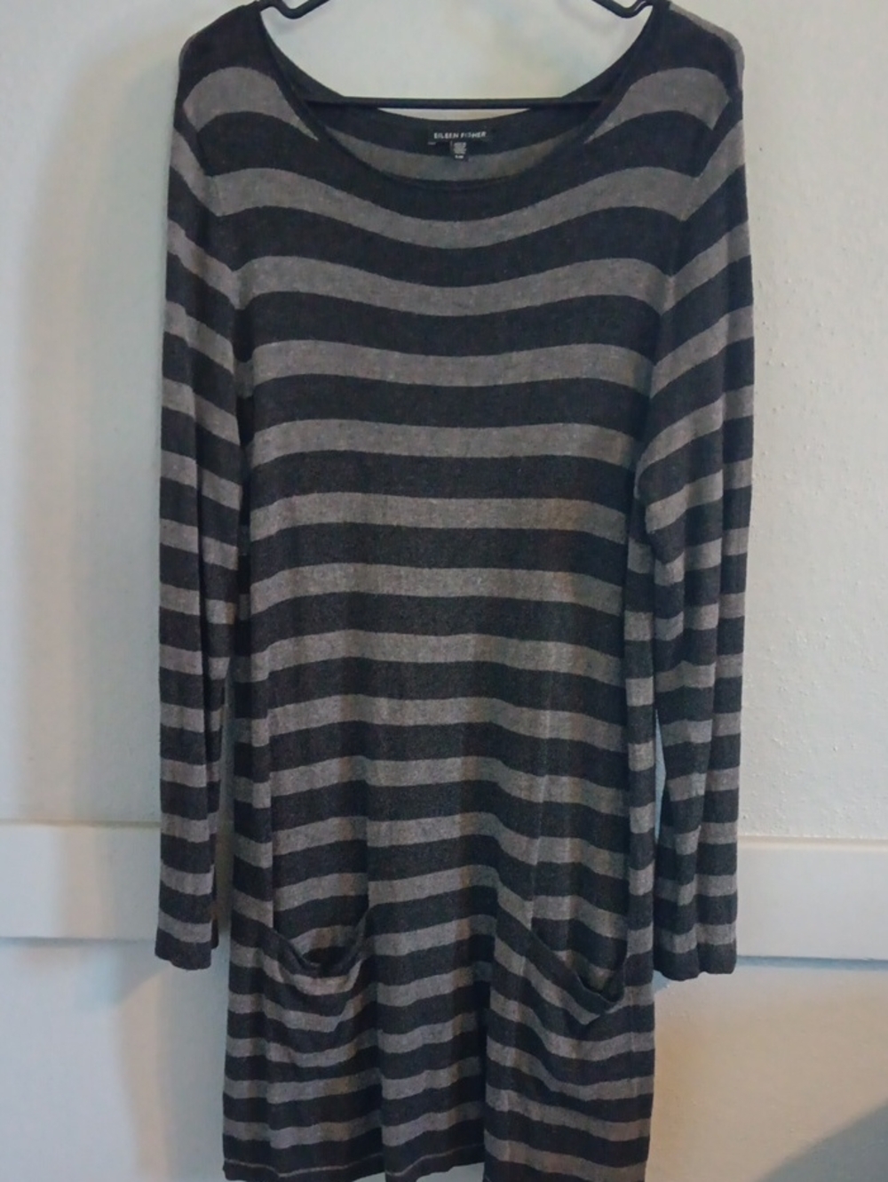 Eileen Fisher Black and Gray Striped Scoop-Neck Sweater Tunic